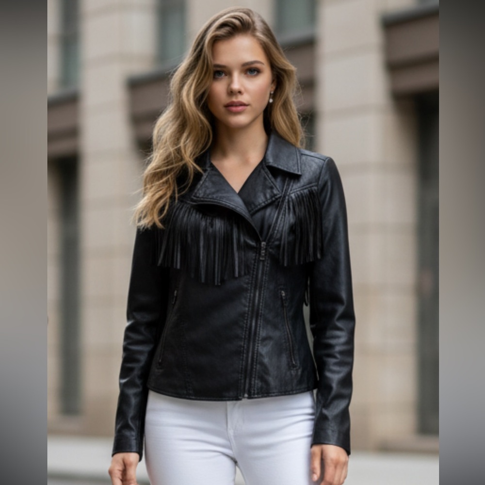 Therapy Black PU Leather Fringe Jacket